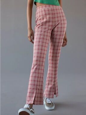 Urban Outfitters Remnants High-Waist Pink Plaid Flared Slit-Front Pant (Size S)